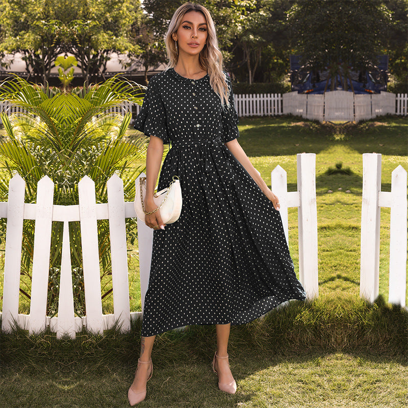 Polka Dots Button Front Elastic Waist Self Tie Ruffled Dress - Fashionpara