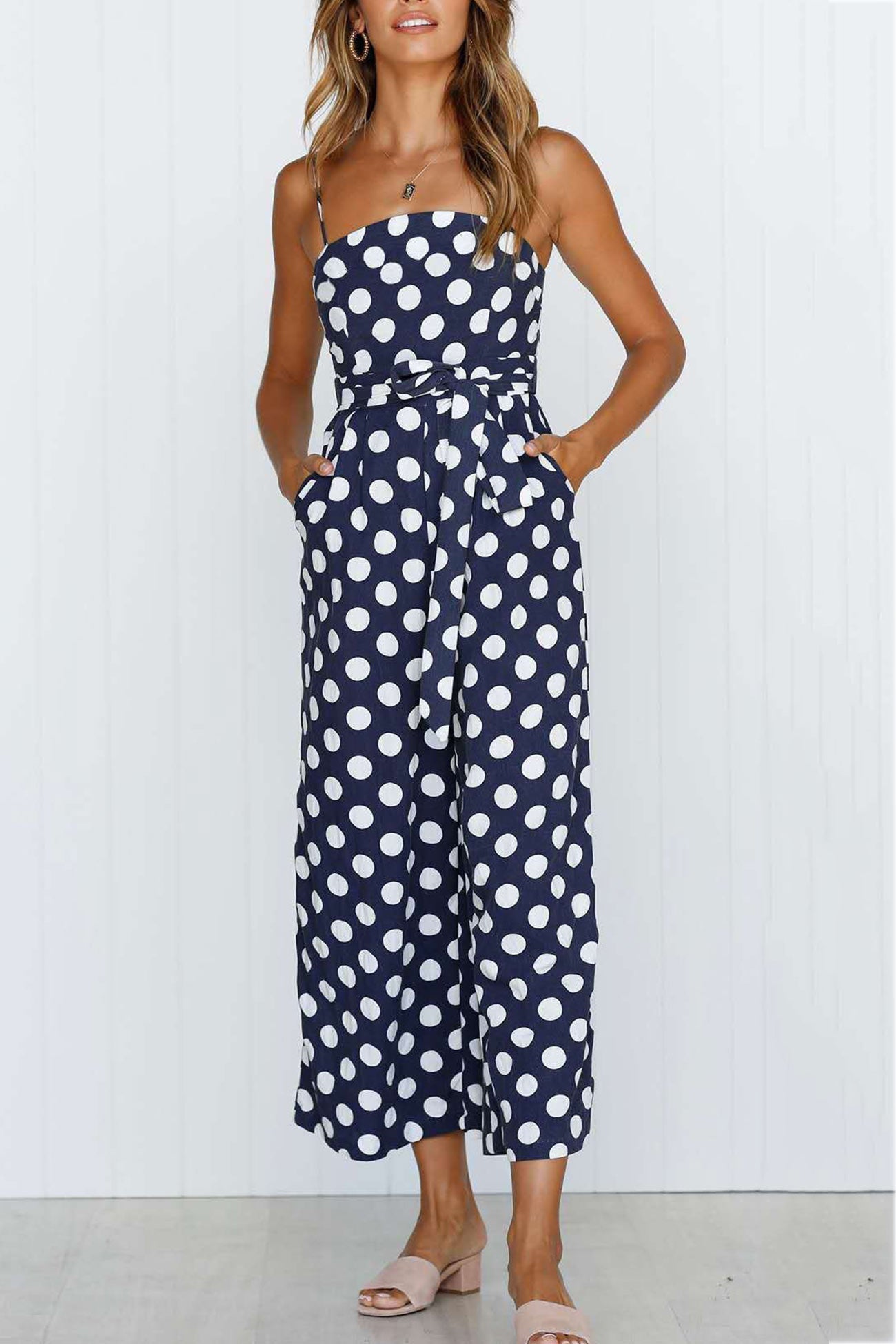 Polka Dots Tie-waist Cami Jumpsuits