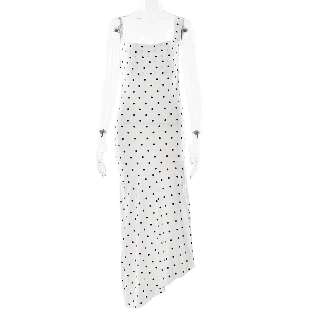 Polka Dot Brace Swing Collar Dress Sleeveless Backless Slit Maxi Dress - Fashionpara