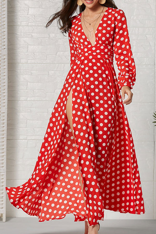 Polka Dot Slit V-neck Maxi Dress - Mislish