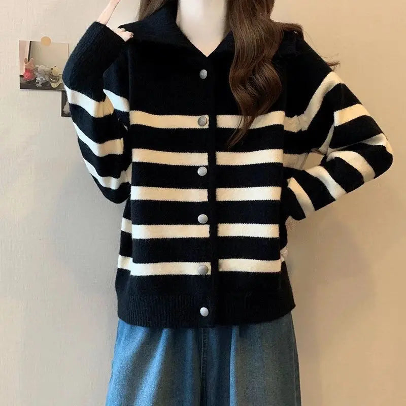Striped Polo Collar Slimming Cardigan