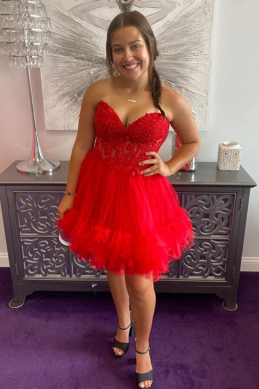 Pretty A-Line Sweetheart Lace Up Short Tulle Homecoming Dress - Fashionpara