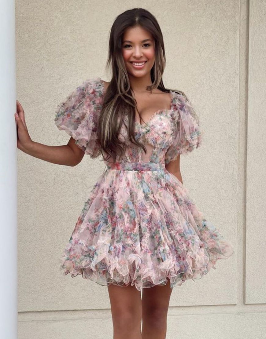 Pretty Cute Puff Sleeves A-Line Short Homecoming Party Dress - Fashionpara