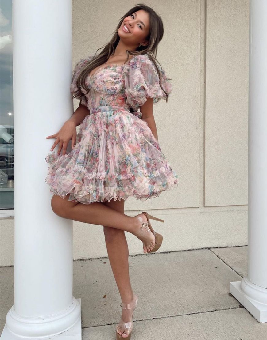 Pretty Cute Puff Sleeves A-Line Short Homecoming Party Dress - Fashionpara