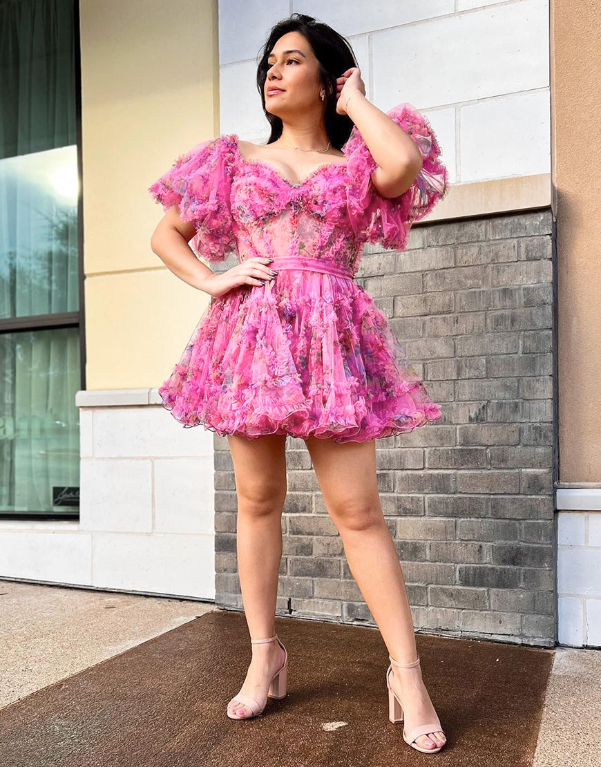 Pretty Cute Puff Sleeves A-Line Short Homecoming Party Dress - Fashionpara