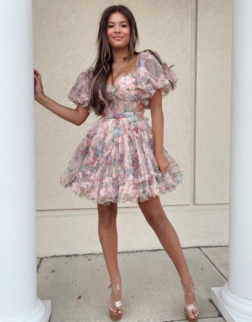 Pretty Cute Puff Sleeves A-Line Short Homecoming Party Dress - Fashionpara