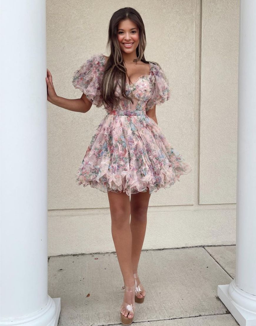 Pretty Cute Puff Sleeves A-Line Short Homecoming Party Dress - Fashionpara