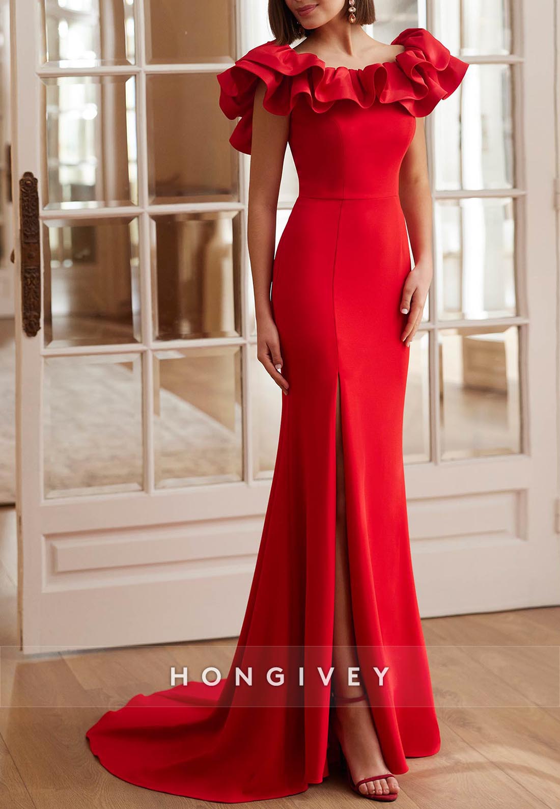 Princess Stylel Long Flounced Sleeve Mother of Bride Floor-Length Pleated Evening Gown