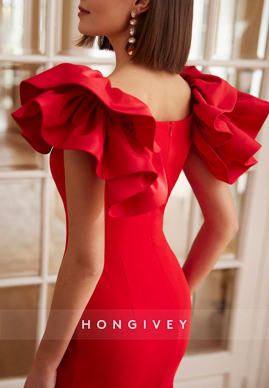Princess Stylel Long Flounced Sleeve Mother of Bride Floor-Length Pleated Evening Gown