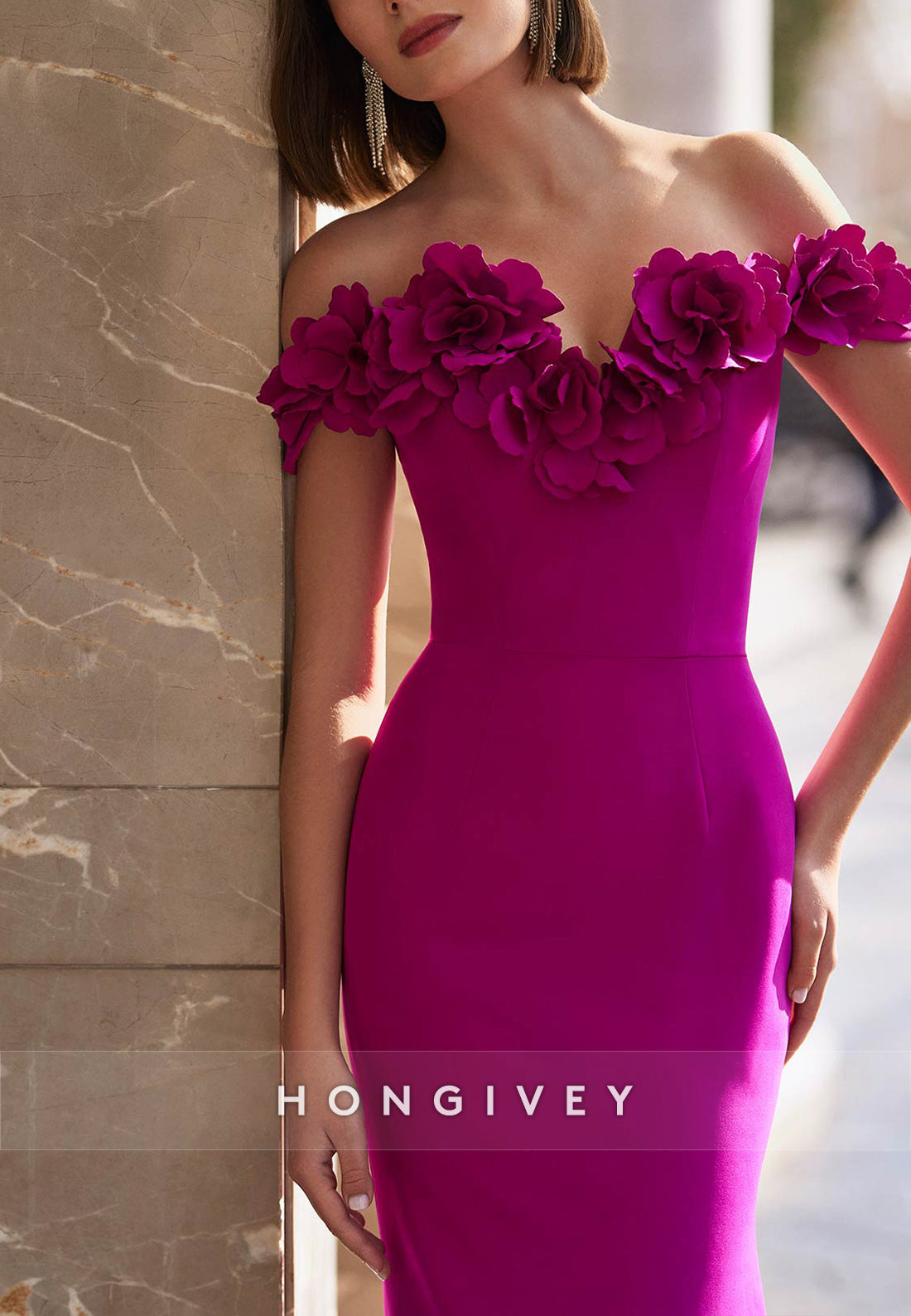 Sheath Sweep Train Off the Shoulder Pleated Flowers Evening Gown