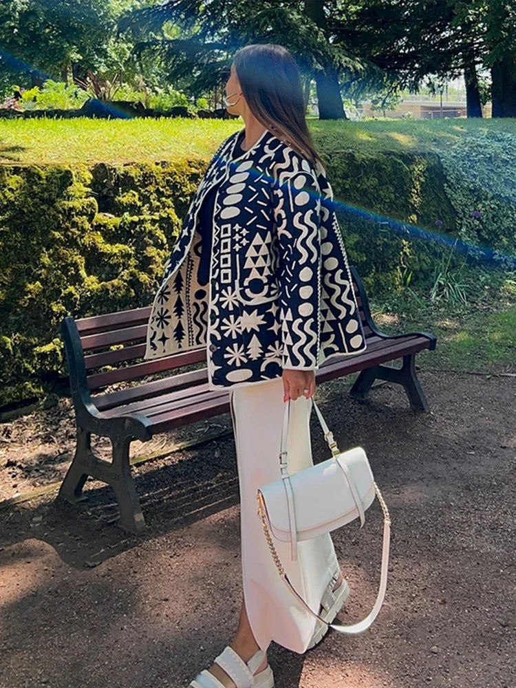 Print Cotton Single-Breasted O-neck Overcoat