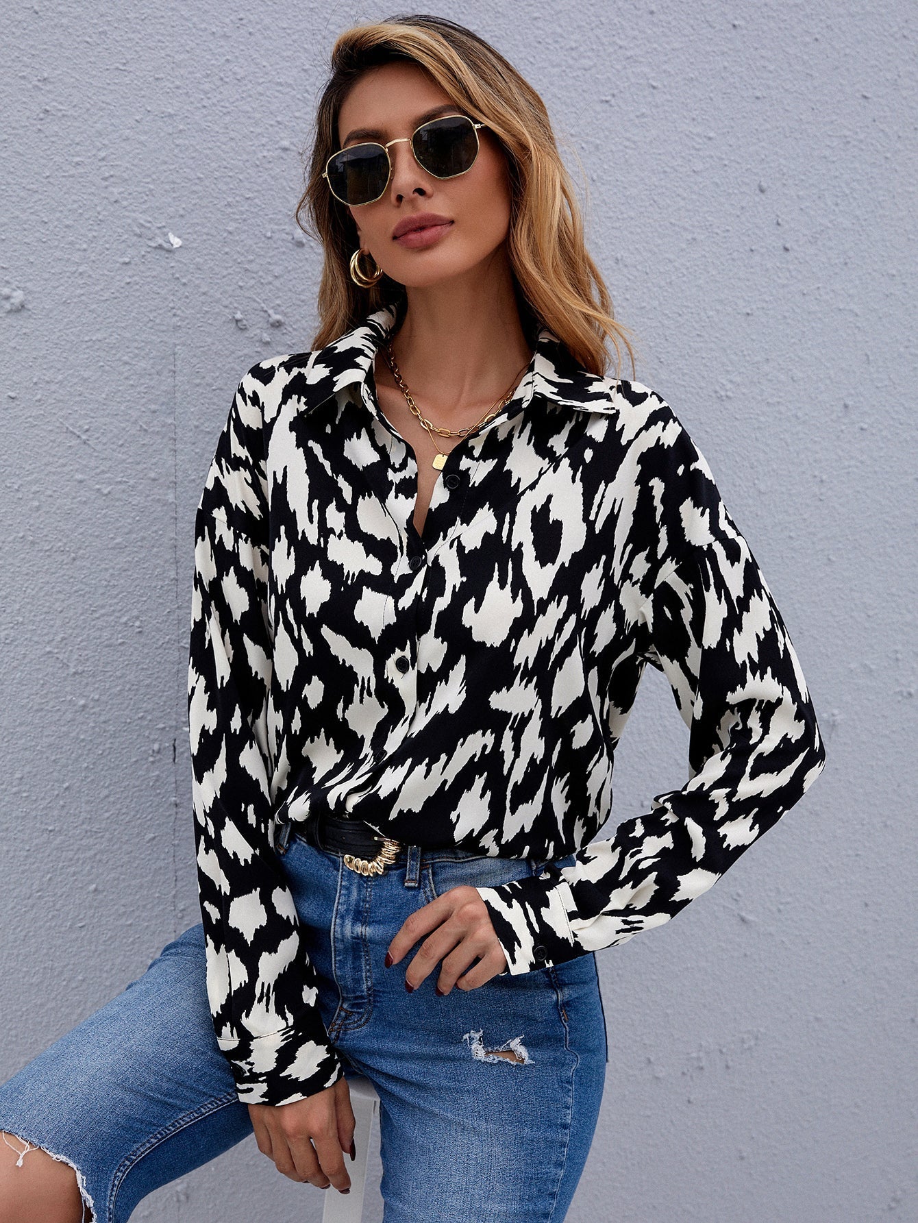 Print Button Front Blouse - Fashionpara