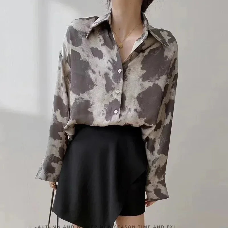 Print Button-up Casual Long Sleeve Blouse