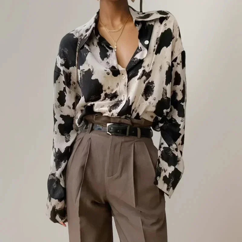 Print Button-up Casual Long Sleeve Blouse