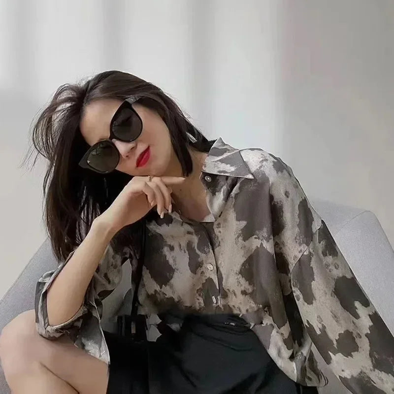 Print Button-up Casual Long Sleeve Blouse