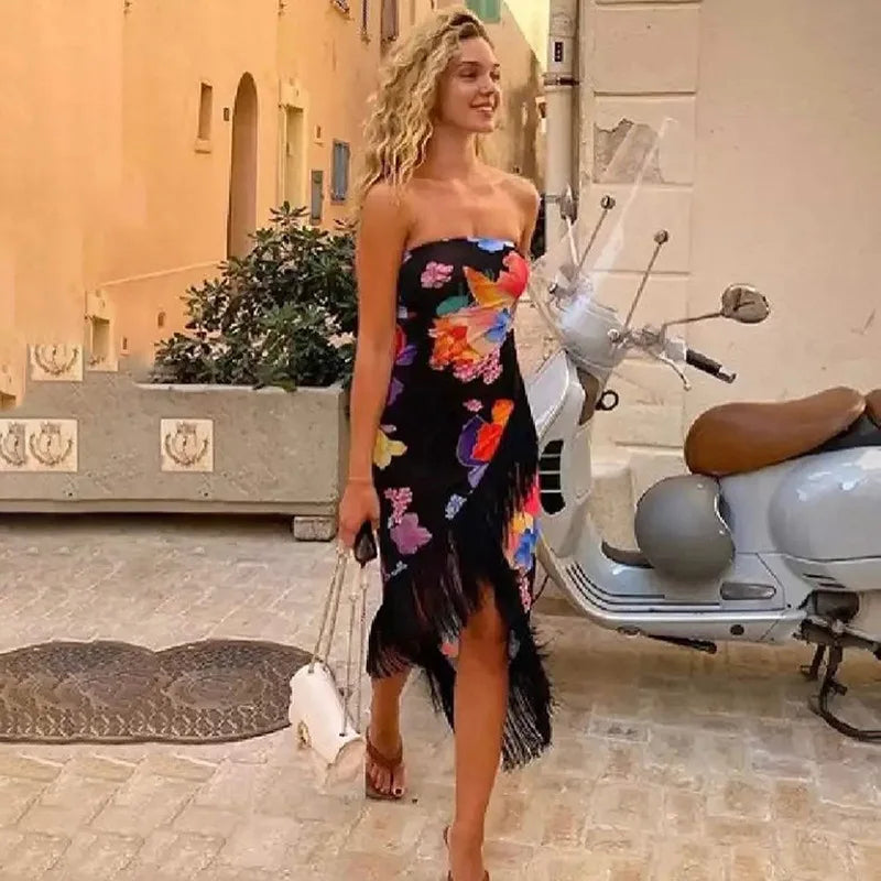 Floral Strapless Tassel Hem High Split Midi Dress 4