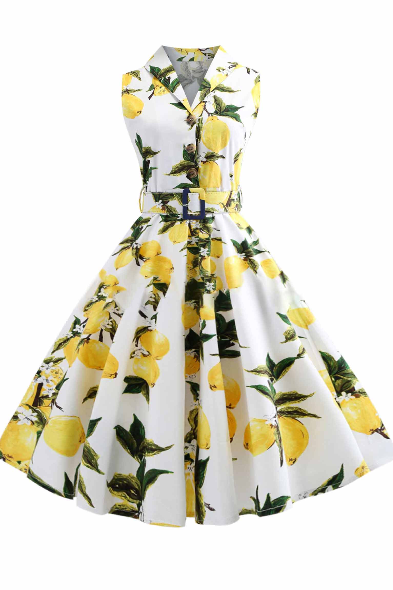 Printed Belt Lapel Sleeveless Dress - Mislish