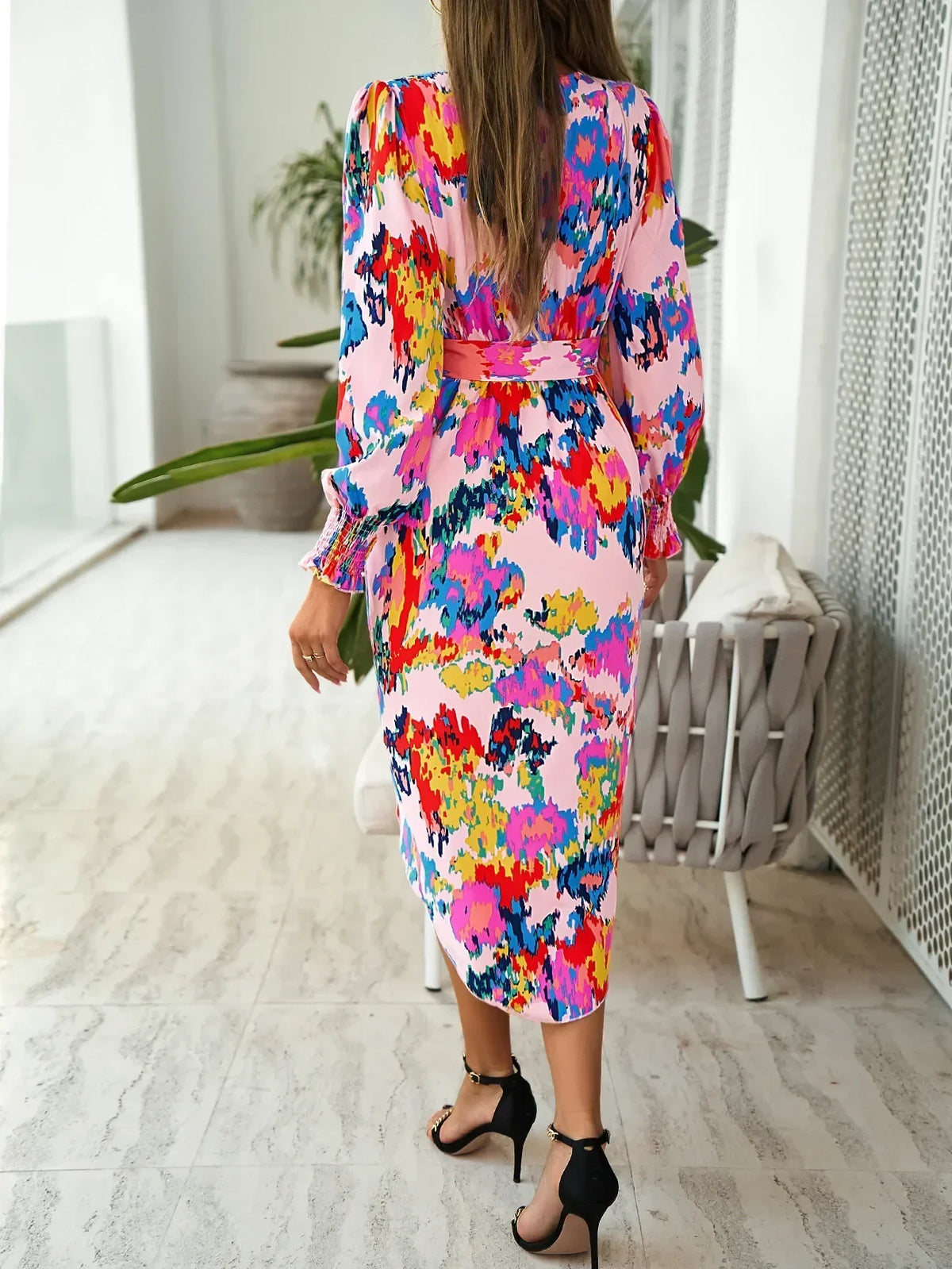 Abstract Print V-Neck Long Sleeve Wrap Midi Dress 6