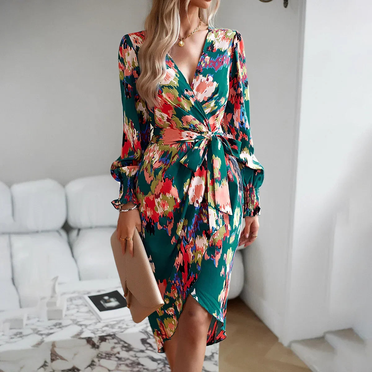 Abstract Print V-Neck Long Sleeve Wrap Midi Dress 4