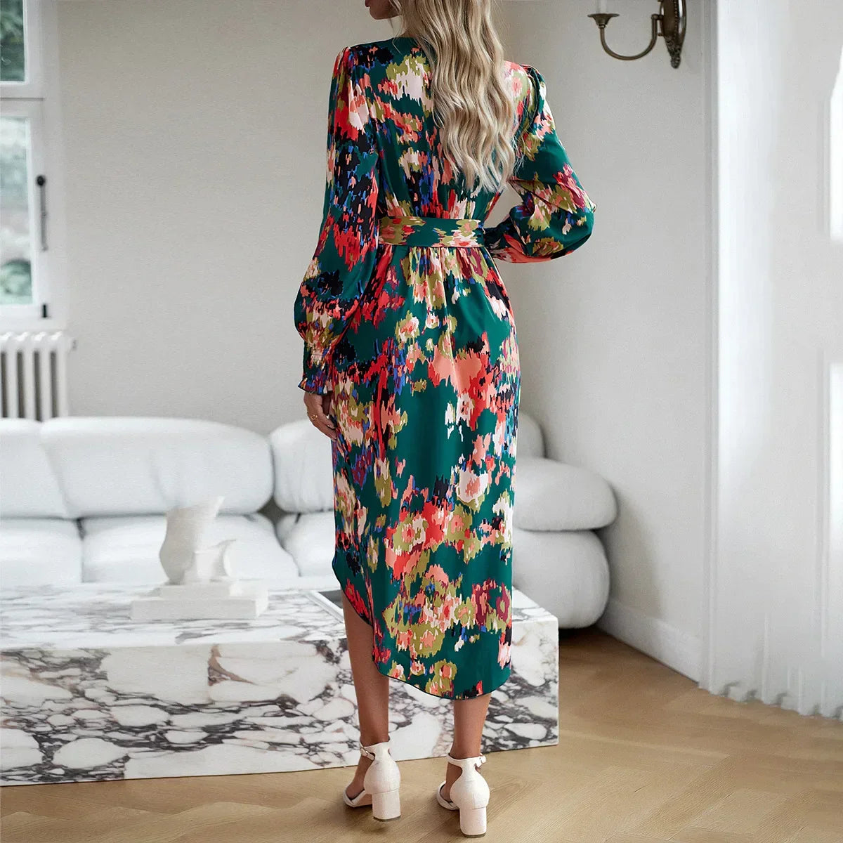 Abstract Print V-Neck Long Sleeve Wrap Midi Dress 3