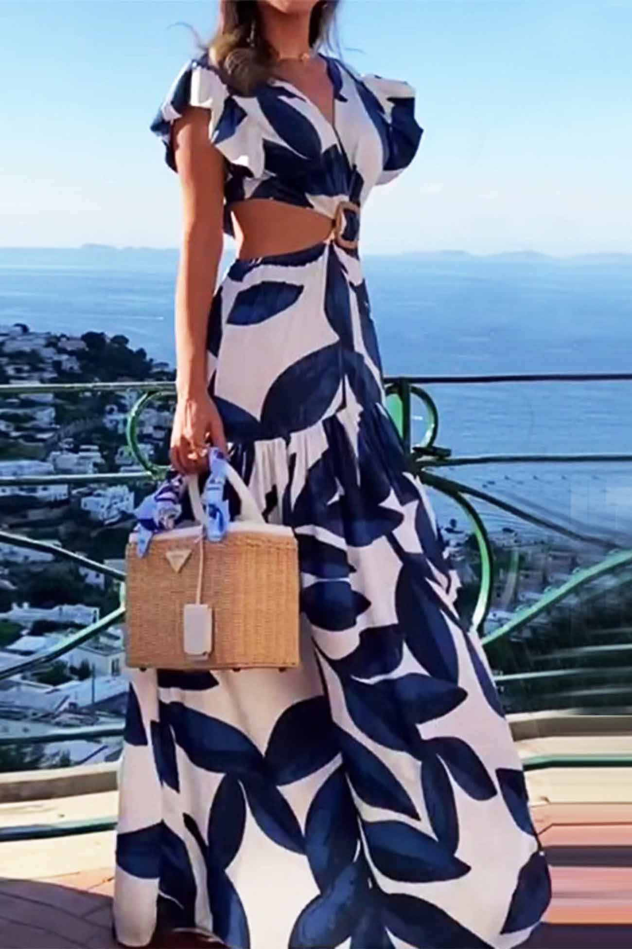 Printed Ruffled Cap Sleeve Cutout Ring Linked Dress