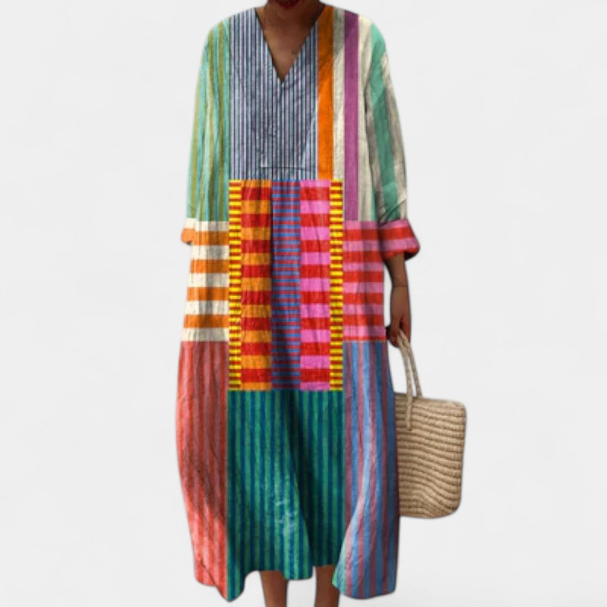 Patchwork Stripe V-Neck Long Sleeve Midi Dress