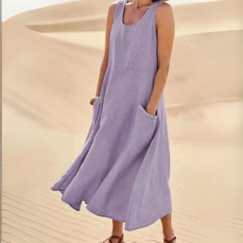 Scoop Neck Wide Strap Patch Pocket Diagonal A-Line Midi Dress - View 7