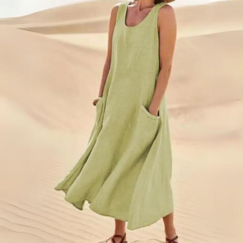 Scoop Neck Wide Strap Patch Pocket Diagonal A-Line Midi Dress - View 9