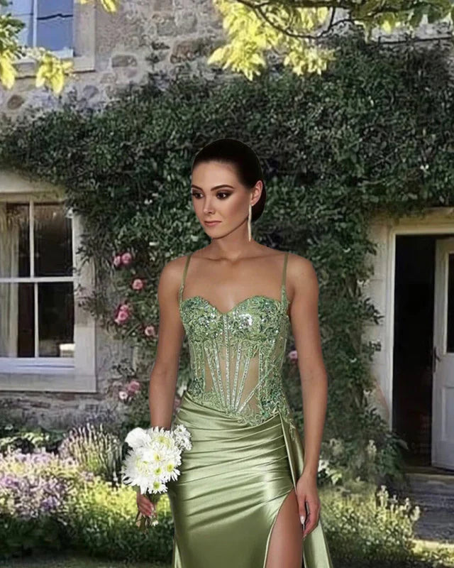 Pretty Mermaid Spaghetti Straps Sage Green Long Satin Prom Dresses Formal Evening Dress SD2416