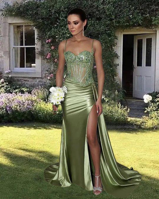 Pretty Mermaid Spaghetti Straps Sage Green Long Satin Prom Dresses Formal Evening Dress SD2416