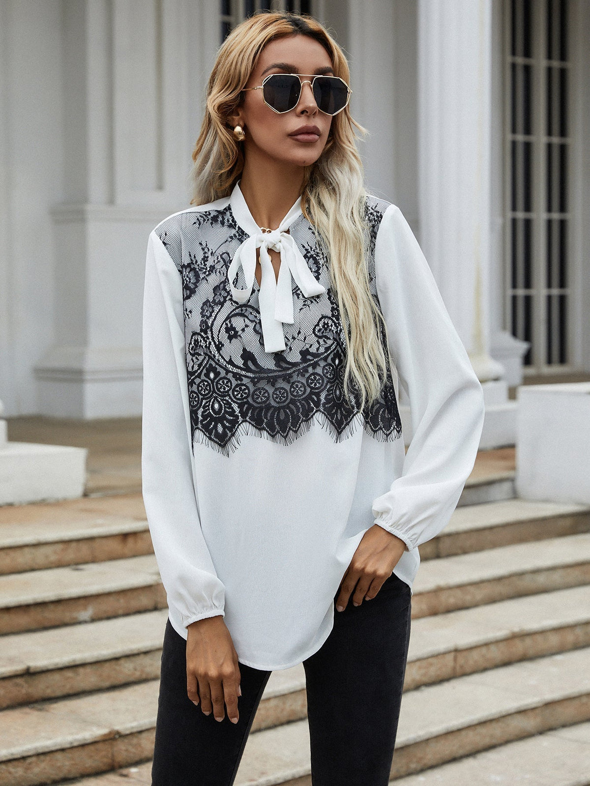 KittenAlarm - Puff sleeve top black lace stitching bow tie long-sleeved shirt