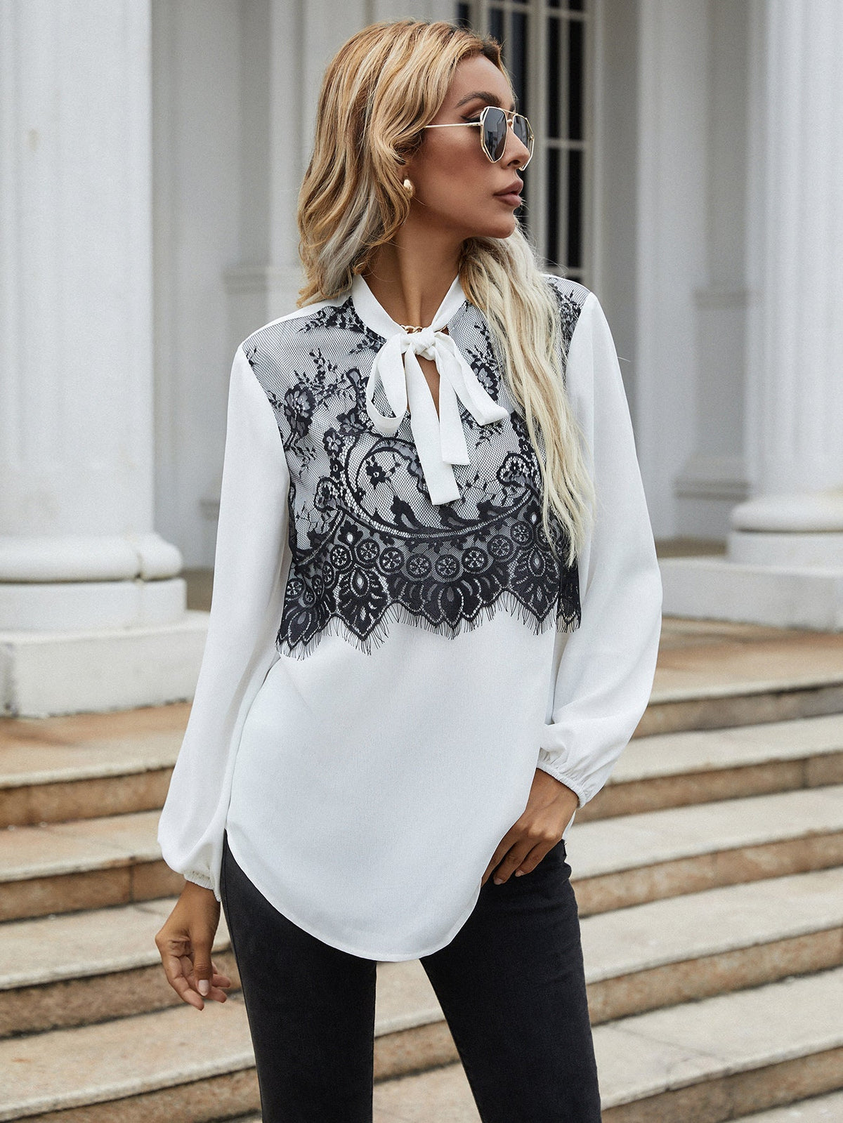 KittenAlarm - Puff sleeve top black lace stitching bow tie long-sleeved shirt