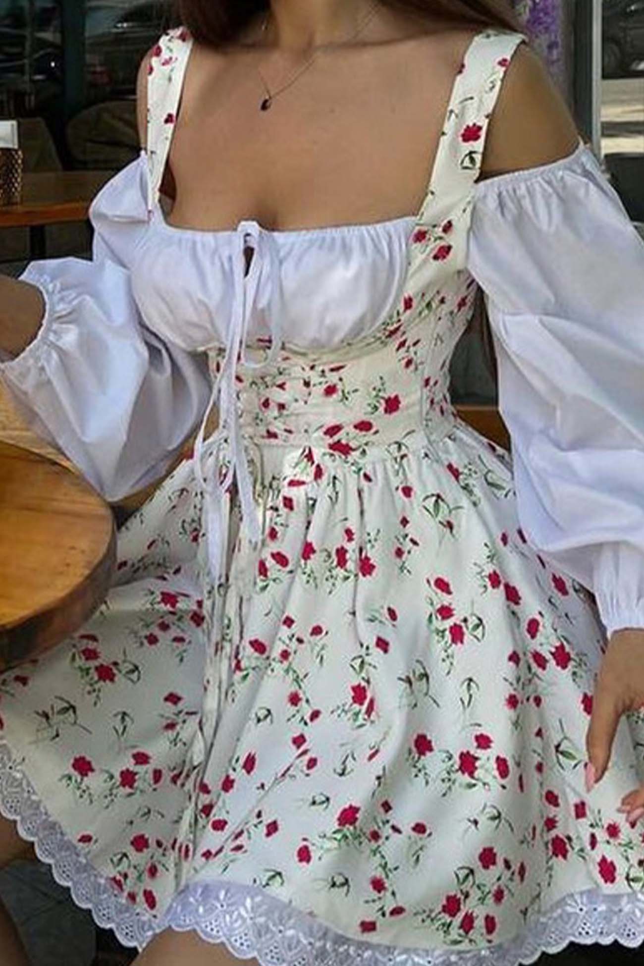 Puff Sleeve Floral Suspender Dress