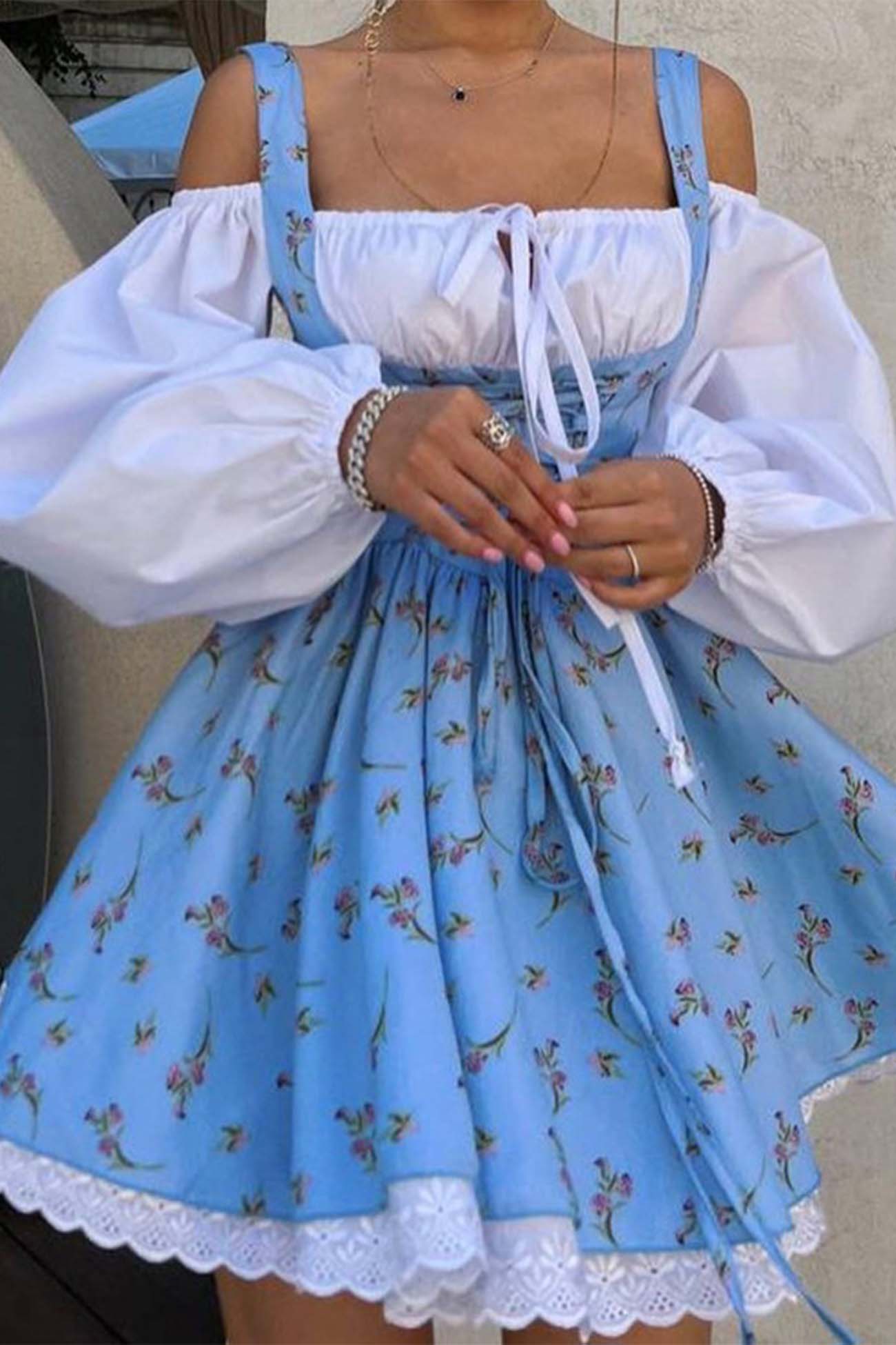 Puff Sleeve Floral Suspender Dress