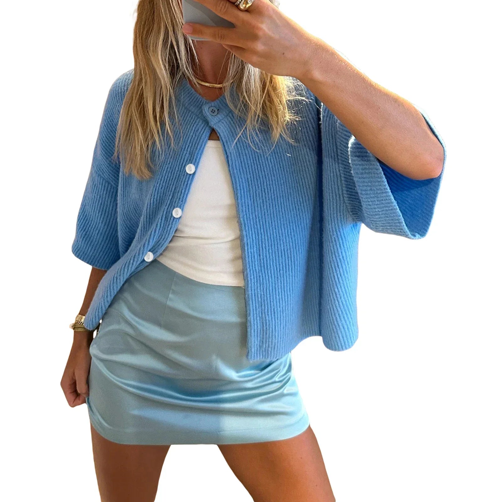 Solid Color Short Sleeve Button Cardigan