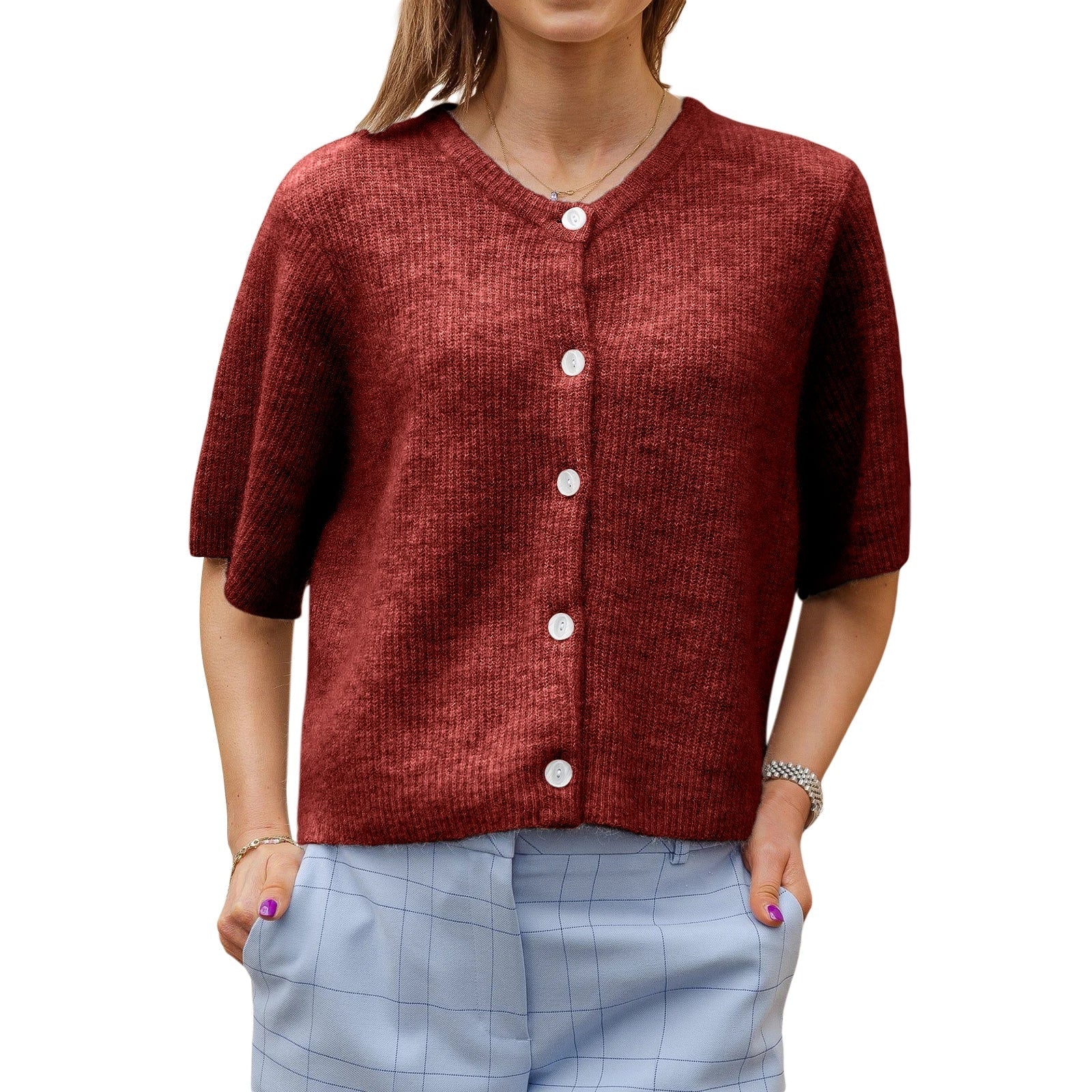 Solid Color Short Sleeve Button Cardigan