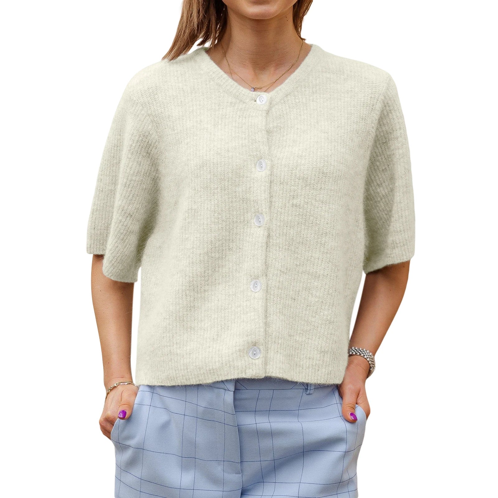 Solid Color Short Sleeve Button Cardigan