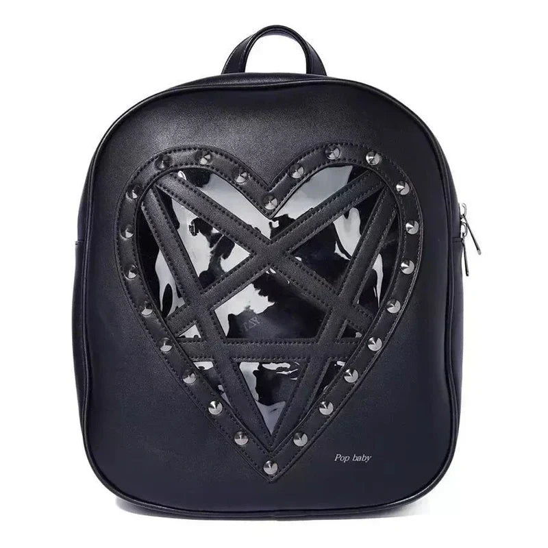 Punk Rock Black Pu Leather Hollow Out Pentacle Heart Gothic Cosplay Bag / 33Cm 28Cm 7Cm Halloween