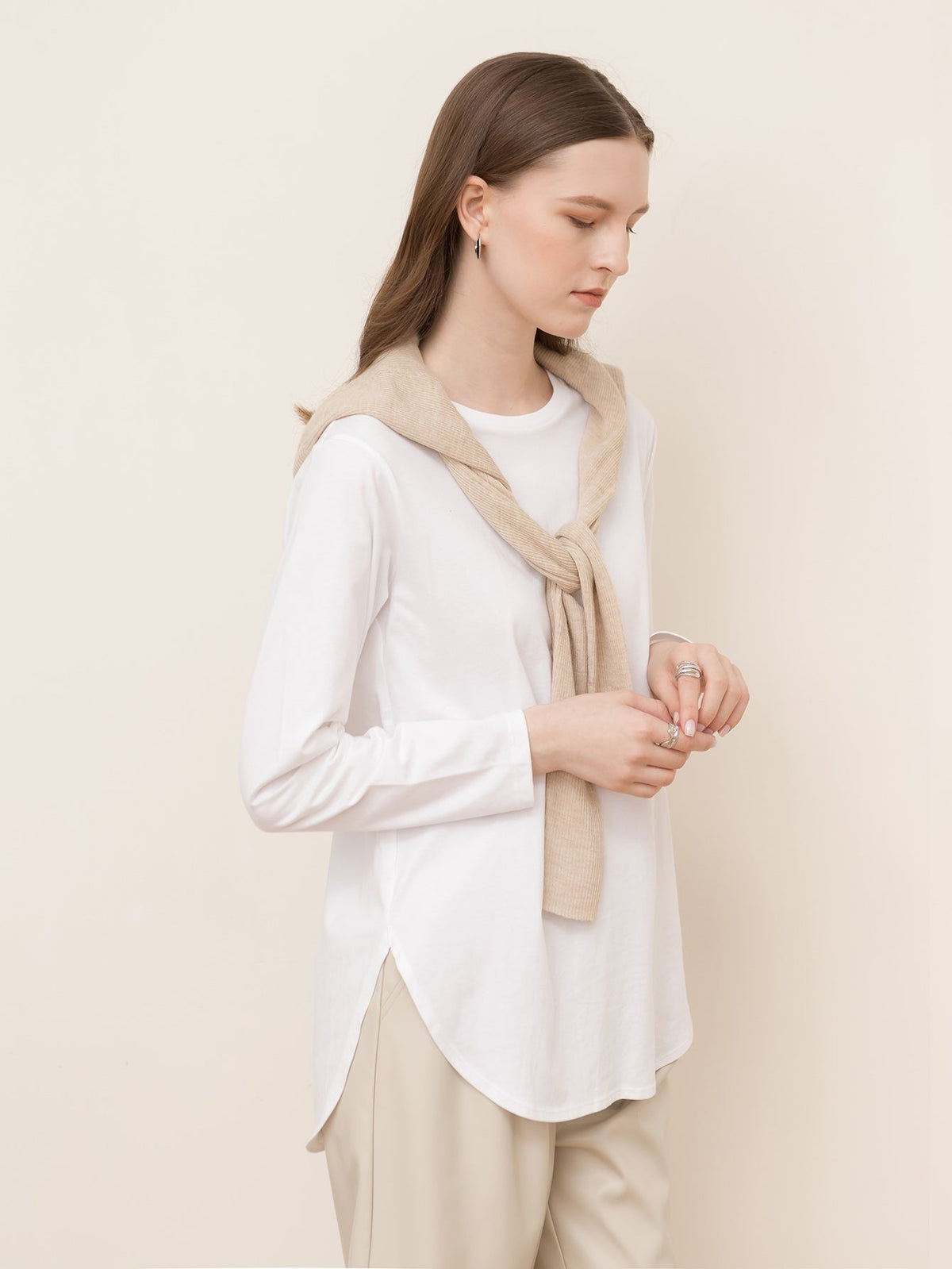 KittenAlarm - Pure Cotton Slit Round Neck Loose Long Sleeve T-Shirt Sweatshirt