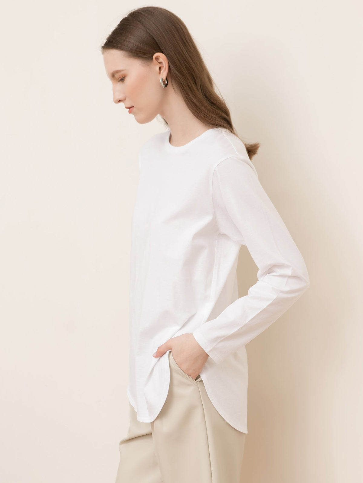KittenAlarm - Pure Cotton Slit Round Neck Loose Long Sleeve T-Shirt Sweatshirt