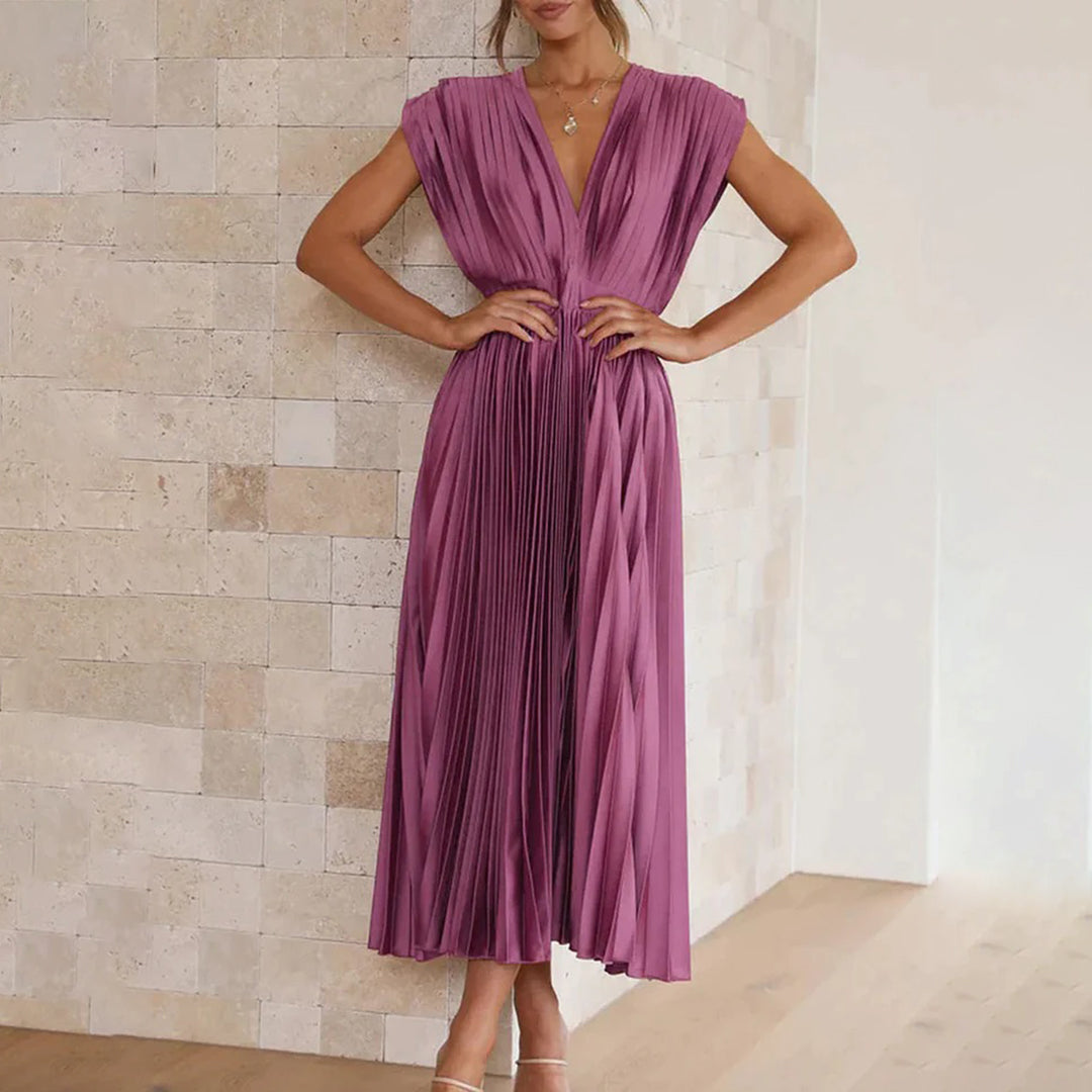 Pleated Satin Deep V-Neck Sleeveless Midi Dress 19