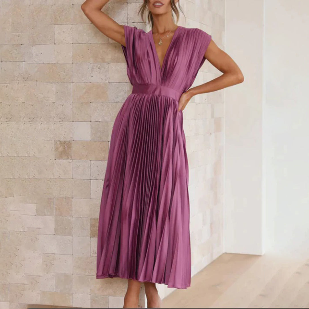 Pleated Satin Deep V-Neck Sleeveless Midi Dress 20