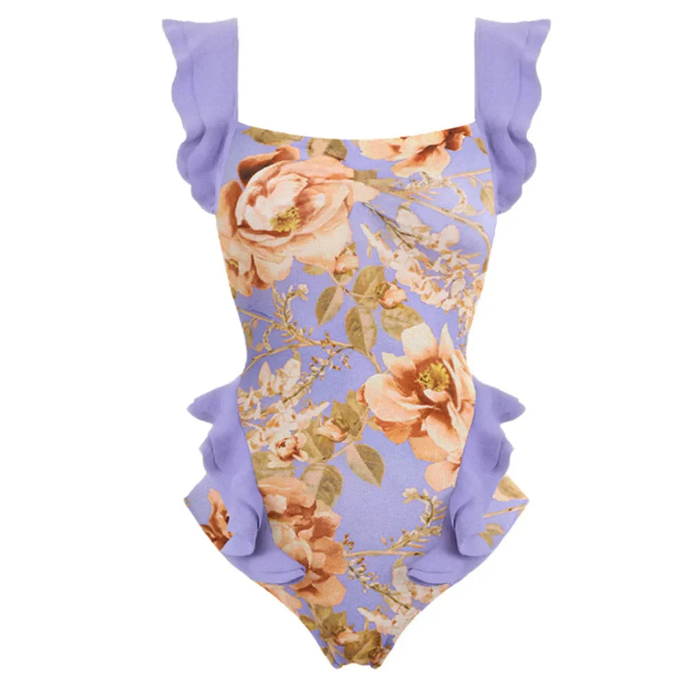 Purple Floral Lace Strap Cross Back One Piece