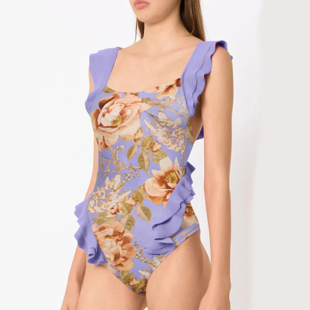 Purple Floral Lace Strap Cross Back One Piece