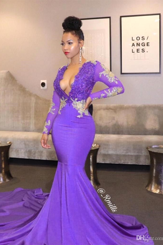 Purple Long Prom Evening Dresses Deep V-neck Lace Mermaid Evening Gowns