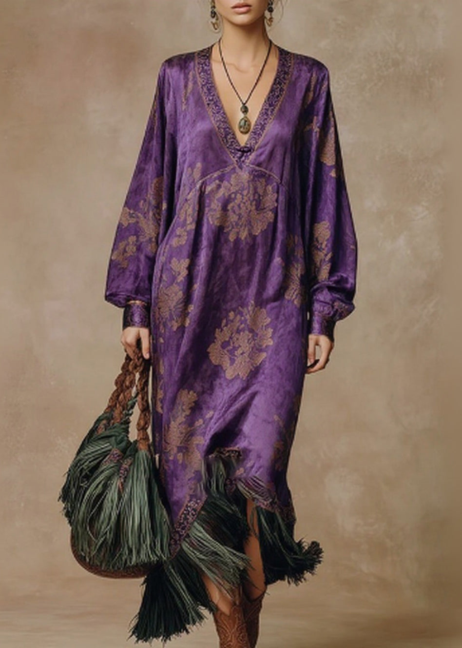 Floral Damask Deep V-Neck Long Sleeve Tassel Fringe Midi Dress