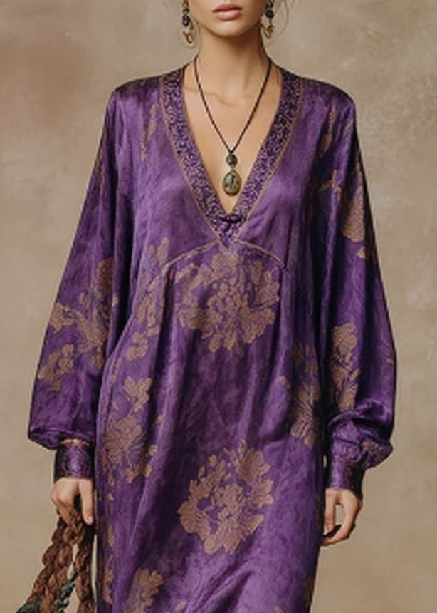 Floral Damask Deep V-Neck Long Sleeve Tassel Fringe Midi Dress - View 2