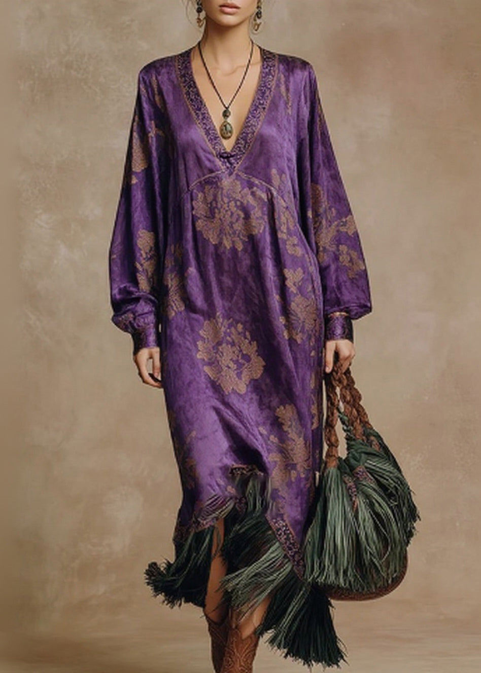 Floral Damask Deep V-Neck Long Sleeve Tassel Fringe Midi Dress - View 3