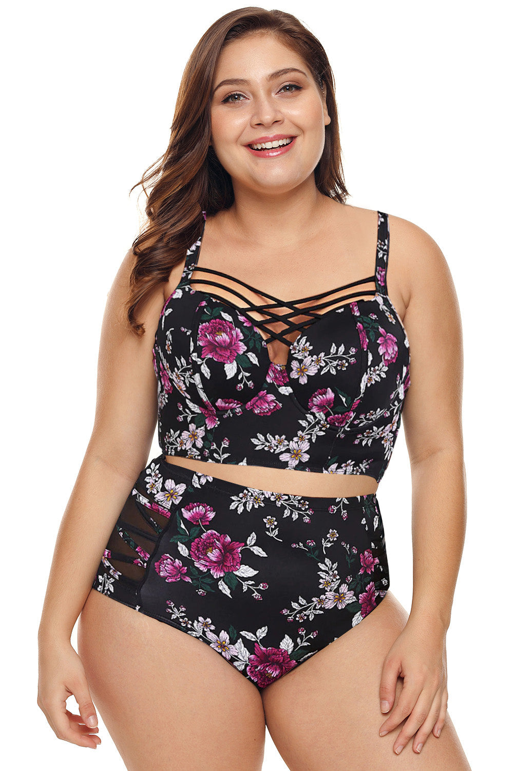Purple Floral Push Up Balconette High Waist Plus Size Bikini