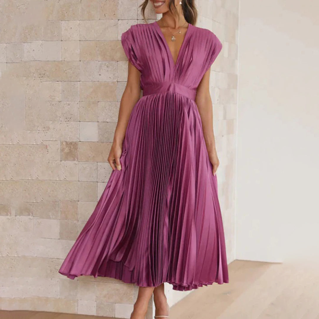 Pleated Satin Deep V-Neck Sleeveless Midi Dress 18
